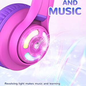 iClever Cat Ear Kids Bluetooth Headphones, LED Lights Up, 74/85/94dB Volume Limited, 50H Playtime,Bluetooth 5.2, USB C,Kids Headphones Wireless Over Ear for Travel iPad Tablet, Meow Macaron-Hot Pink