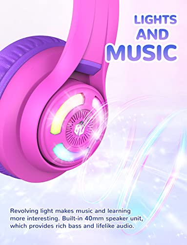 iClever Cat Ear Kids Bluetooth Headphones, LED Lights Up, 74/85/94dB Volume Limited, 50H Playtime,Bluetooth 5.2, USB C,Kids Headphones Wireless Over Ear for Travel iPad Tablet, Meow Macaron-Hot Pink