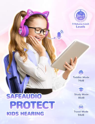 iClever Cat Ear Kids Bluetooth Headphones, LED Lights Up, 74/85/94dB Volume Limited, 50H Playtime,Bluetooth 5.2, USB C,Kids Headphones Wireless Over Ear for Travel iPad Tablet, Meow Macaron-Hot Pink