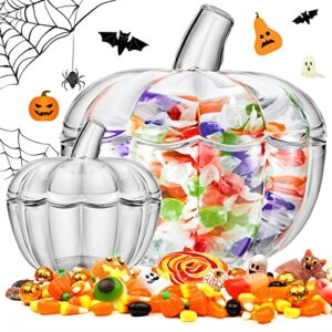 tessco 2 pcs 70oz glass pumpkin candy jar with lid halloween pumpkin jars candy bowl for halloween home decoration(clear, large, small)