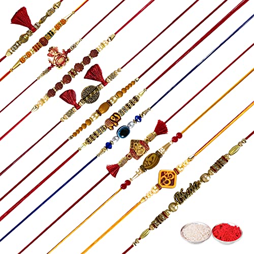 CRAFTONE Set of 12 Handmade Assorted Design Traditional Rakhi for Brother, Designer Rakhi Set for Raksha Bandhan, Rakhi Thread Bhaiya Bhabhi Sister Rakhi Band for Rakshabandhan with Roli Chawal