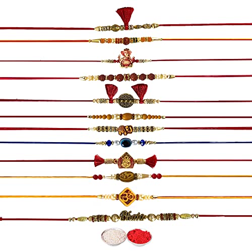 CRAFTONE Set of 12 Handmade Assorted Design Traditional Rakhi for Brother, Designer Rakhi Set for Raksha Bandhan, Rakhi Thread Bhaiya Bhabhi Sister Rakhi Band for Rakshabandhan with Roli Chawal