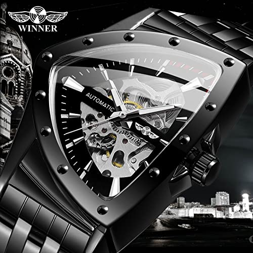 FORSINING Triangle Skeleton Men's Automatic Mechanical Watch Luxury Gold Black Stainless Steel Watches Waterproof Luminous Sports Wristwatch