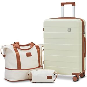 imiomo 24 in checked luggage, suitcase with spinner wheels, hardside 3pcs set lightweight rolling travel luggage with tsa lock(24"/beige)