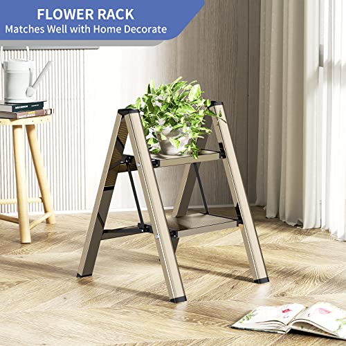 2 Step Ladder Folding Step Stool with Anti-Slip Sturdy and Wide Pedal, Aluminum Portable Lightweight Step Stool for Adults Multi-Use for Home Kitchen, Gold, 330 lbs