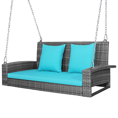 Tangkula 2 Person Wicker Hanging Porch Swing, Patiojoy Outdoor Rattan Swing with Soft Cushions and 2 Rustproof Steel Chains, 800 LBS Patio Swing Bench for Balcony, Garden and Yard (Turquoise)