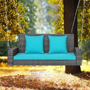 Tangkula 2 Person Wicker Hanging Porch Swing, Patiojoy Outdoor Rattan Swing with Soft Cushions and 2 Rustproof Steel Chains, 800 LBS Patio Swing Bench for Balcony, Garden and Yard (Turquoise)