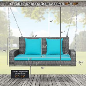 Tangkula 2 Person Wicker Hanging Porch Swing, Patiojoy Outdoor Rattan Swing with Soft Cushions and 2 Rustproof Steel Chains, 800 LBS Patio Swing Bench for Balcony, Garden and Yard (Turquoise)