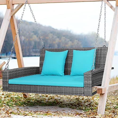 Tangkula 2 Person Wicker Hanging Porch Swing, Patiojoy Outdoor Rattan Swing with Soft Cushions and 2 Rustproof Steel Chains, 800 LBS Patio Swing Bench for Balcony, Garden and Yard (Turquoise)