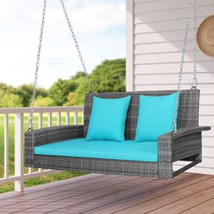 Tangkula 2 Person Wicker Hanging Porch Swing, Patiojoy Outdoor Rattan Swing with Soft Cushions and 2 Rustproof Steel Chains, 800 LBS Patio Swing Bench for Balcony, Garden and Yard (Turquoise)