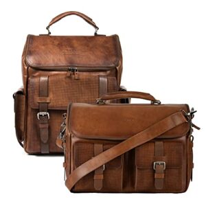 VELEZ Full Grain Leather Backpack for Men Tan Designer Bookbag + Messenger Laptop Briefcase Computer Bag