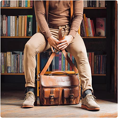 VELEZ Full Grain Leather Backpack for Men Tan Designer Bookbag + Messenger Laptop Briefcase Computer Bag