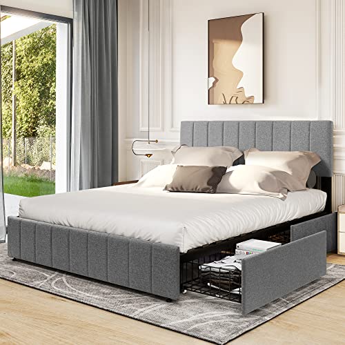 YITAHOME Upholstered Platform Bed Frame with 4 Storage Drawers and Adjustable Headboard, Mattress Foundation with Sturdy Wood Slat Support, No Box Spring Needed, Grey(Queen)