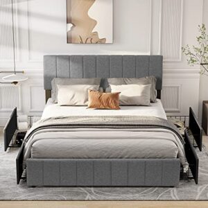 YITAHOME Upholstered Platform Bed Frame with 4 Storage Drawers and Adjustable Headboard, Mattress Foundation with Sturdy Wood Slat Support, No Box Spring Needed, Grey(Queen)