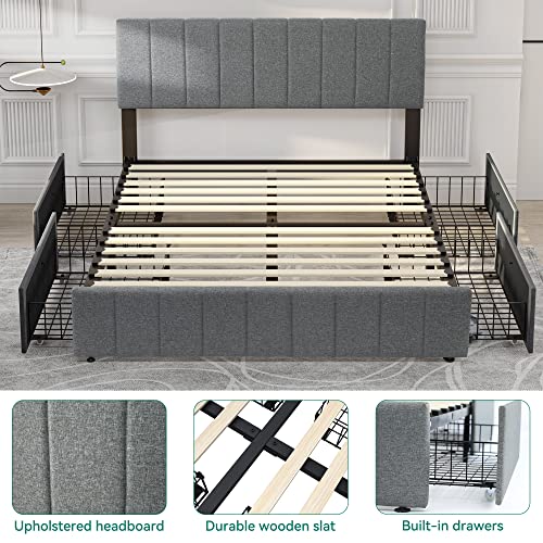 YITAHOME Upholstered Platform Bed Frame with 4 Storage Drawers and Adjustable Headboard, Mattress Foundation with Sturdy Wood Slat Support, No Box Spring Needed, Grey(Queen)