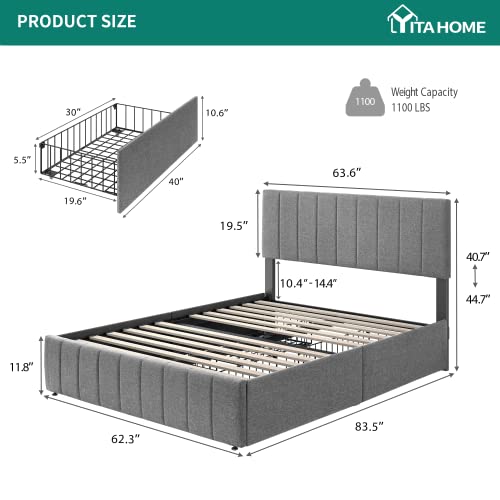 YITAHOME Upholstered Platform Bed Frame with 4 Storage Drawers and Adjustable Headboard, Mattress Foundation with Sturdy Wood Slat Support, No Box Spring Needed, Grey(Queen)