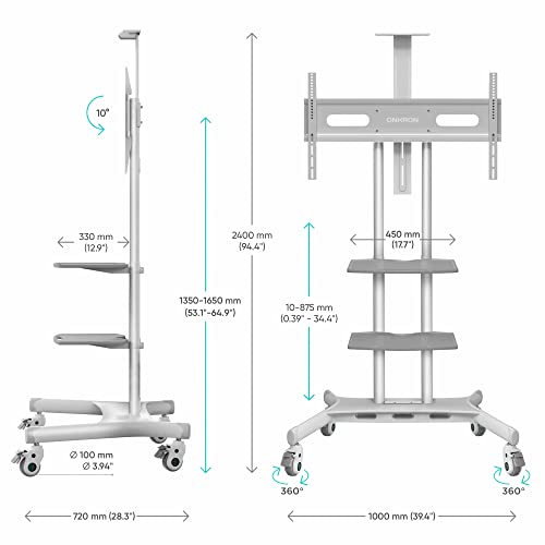 ONKRON Mobile TV Stand for 50-83 Inch LCD LED OLED TVs up to 200 lbs with TV Mount Tilt Adapter up to 10 Degrees and Swivel Locking Caster Wheels TS1881 White+ATL1881+AWL75wht (3 Items Bundle)