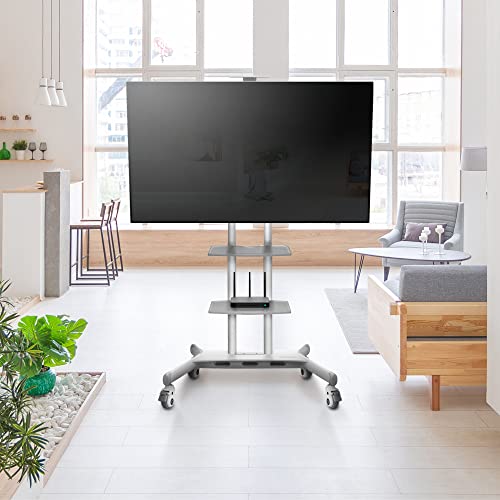 ONKRON Mobile TV Stand for 50-83 Inch LCD LED OLED TVs up to 200 lbs with TV Mount Tilt Adapter up to 10 Degrees and Swivel Locking Caster Wheels TS1881 White+ATL1881+AWL75wht (3 Items Bundle)