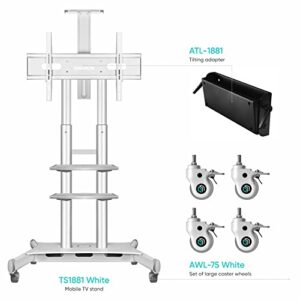 ONKRON Mobile TV Stand for 50-83 Inch LCD LED OLED TVs up to 200 lbs with TV Mount Tilt Adapter up to 10 Degrees and Swivel Locking Caster Wheels TS1881 White+ATL1881+AWL75wht (3 Items Bundle)