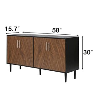 4 EVER WINNER Sideboards and Buffets with Storage, Buffet Cabinet with Storage, 4 Door Credenzas for Living Room Mid Century Modern Sideboard, 58 Inch Coffee Bar Cabinet for Dining Room Kitchen, Black