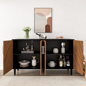 4 EVER WINNER Sideboards and Buffets with Storage, Buffet Cabinet with Storage, 4 Door Credenzas for Living Room Mid Century Modern Sideboard, 58 Inch Coffee Bar Cabinet for Dining Room Kitchen, Black