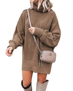 btfbm women fashion sweater short dress long sleeve turtleneck oversized fall winter soft chunky knit pullover sweaters(solid khaki, small)