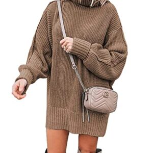 BTFBM Women Fashion Sweater Short Dress Long Sleeve Turtleneck Oversized Fall Winter Soft Chunky Knit Pullover Sweaters(Solid Khaki, Small)