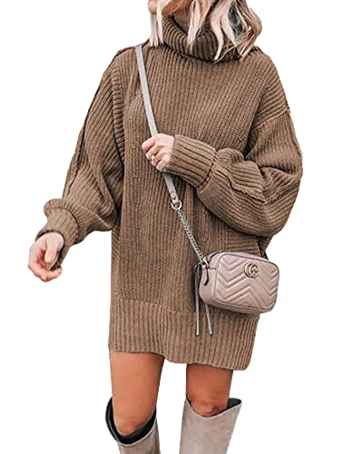 BTFBM Women Fashion Sweater Short Dress Long Sleeve Turtleneck Oversized Fall Winter Soft Chunky Knit Pullover Sweaters(Solid Khaki, Small)