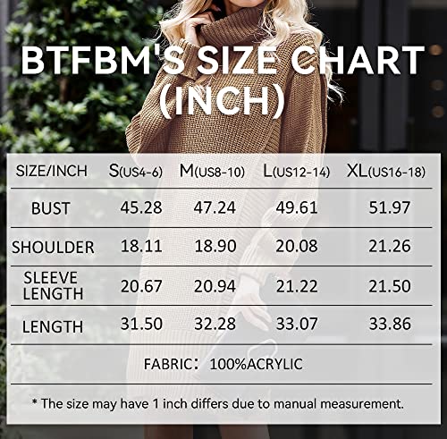 BTFBM Women Fashion Sweater Short Dress Long Sleeve Turtleneck Oversized Fall Winter Soft Chunky Knit Pullover Sweaters(Solid Khaki, Small)