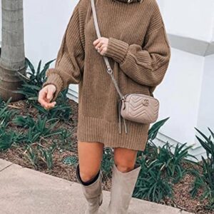 BTFBM Women Fashion Sweater Short Dress Long Sleeve Turtleneck Oversized Fall Winter Soft Chunky Knit Pullover Sweaters(Solid Khaki, Small)