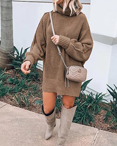 BTFBM Women Fashion Sweater Short Dress Long Sleeve Turtleneck Oversized Fall Winter Soft Chunky Knit Pullover Sweaters(Solid Khaki, Small)