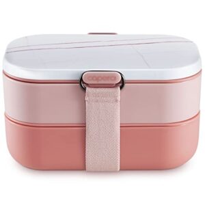 caperci modern bento lunch box for adult - 2 layers stackable leak-proof lunch container for adults & older kids, original sealing strap, built-in divider & utensil set, premium materials (pink)