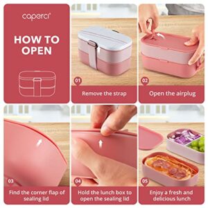 Caperci Modern Bento Lunch Box for Adult - 2 Layers Stackable Leak-proof Lunch Container for Adults & Older Kids, Original Sealing Strap, Built-in Divider & Utensil Set, Premium Materials (Pink)