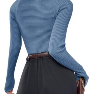 Women V Neck Sexy Crop Sweater Pullover Long Sleeve Ribbed Knit Fitted Slim Casual Tops Blue