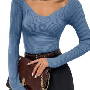 Women V Neck Sexy Crop Sweater Pullover Long Sleeve Ribbed Knit Fitted Slim Casual Tops Blue