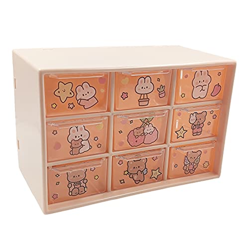 Craft Organizer, 9 Removable Mini Acrylic Plastic Drawers Organizer for Desk, Cute Kawaii Storage Organizer Office Supplier for Jewelry, Sewing Supplies, Vitamins, Sticker and Dool (Pink)