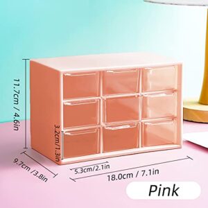 Craft Organizer, 9 Removable Mini Acrylic Plastic Drawers Organizer for Desk, Cute Kawaii Storage Organizer Office Supplier for Jewelry, Sewing Supplies, Vitamins, Sticker and Dool (Pink)