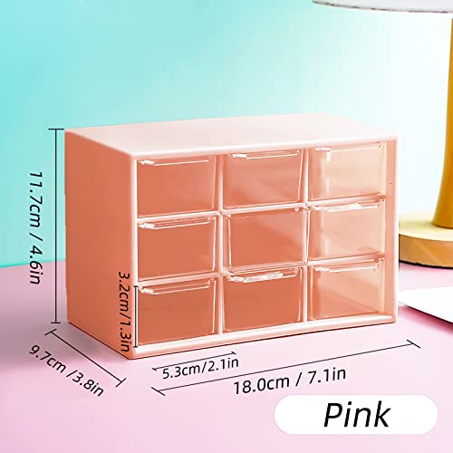 Craft Organizer, 9 Removable Mini Acrylic Plastic Drawers Organizer for Desk, Cute Kawaii Storage Organizer Office Supplier for Jewelry, Sewing Supplies, Vitamins, Sticker and Dool (Pink)