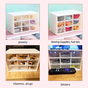 Craft Organizer, 9 Removable Mini Acrylic Plastic Drawers Organizer for Desk, Cute Kawaii Storage Organizer Office Supplier for Jewelry, Sewing Supplies, Vitamins, Sticker and Dool (Pink)