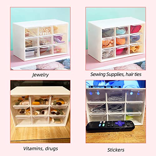 Craft Organizer, 9 Removable Mini Acrylic Plastic Drawers Organizer for Desk, Cute Kawaii Storage Organizer Office Supplier for Jewelry, Sewing Supplies, Vitamins, Sticker and Dool (Pink)