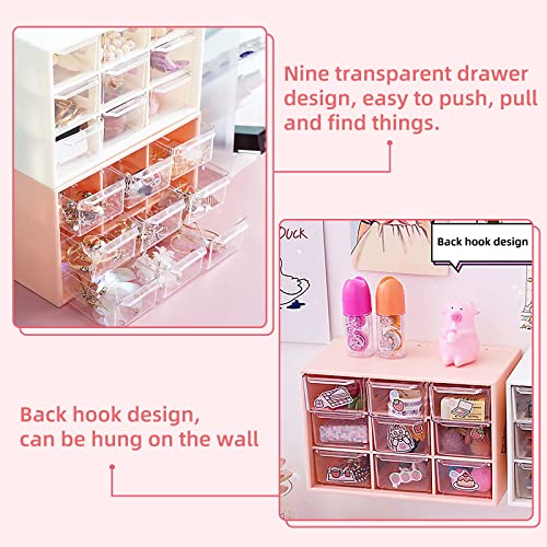 Craft Organizer, 9 Removable Mini Acrylic Plastic Drawers Organizer for Desk, Cute Kawaii Storage Organizer Office Supplier for Jewelry, Sewing Supplies, Vitamins, Sticker and Dool (Pink)