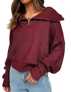 kirundo women's 2023 fall winter long sleeve quarter zip pullover casual v neck ribbed knit sweaters jumper tops(wine red, medium)