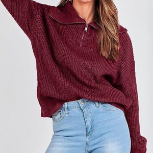 KIRUNDO Women's 2023 Fall Winter Long Sleeve Quarter Zip Pullover Casual V Neck Ribbed Knit Sweaters Jumper Tops(Wine Red, Medium)