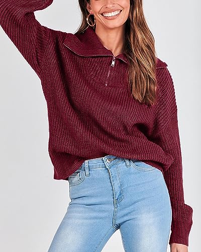 KIRUNDO Women's 2023 Fall Winter Long Sleeve Quarter Zip Pullover Casual V Neck Ribbed Knit Sweaters Jumper Tops(Wine Red, Medium)