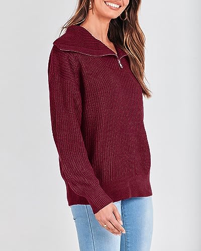 KIRUNDO Women's 2023 Fall Winter Long Sleeve Quarter Zip Pullover Casual V Neck Ribbed Knit Sweaters Jumper Tops(Wine Red, Medium)