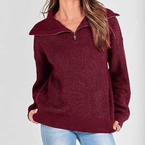 KIRUNDO Women's 2023 Fall Winter Long Sleeve Quarter Zip Pullover Casual V Neck Ribbed Knit Sweaters Jumper Tops(Wine Red, Medium)