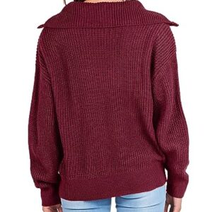 KIRUNDO Women's 2023 Fall Winter Long Sleeve Quarter Zip Pullover Casual V Neck Ribbed Knit Sweaters Jumper Tops(Wine Red, Medium)