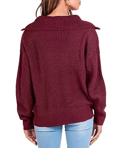 KIRUNDO Women's 2023 Fall Winter Long Sleeve Quarter Zip Pullover Casual V Neck Ribbed Knit Sweaters Jumper Tops(Wine Red, Medium)