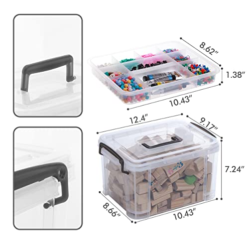 Citylife 8.5 QT Plastic Storage Box with Removable 10 Compartments Tray Portable Clear Storage Container with Handle for Organizing Tool, Craft, Bead, Lego, Sewing