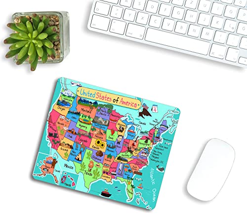 Map of The United States Mouse Pad, Cartoon Fun Facts Geography USA Map Mouse Pad Mouse Mat Square Mouse Pad Non Slip Rubber Base MousePads for Office Laptop, 9.5"x7.9"x0.12" Inch
